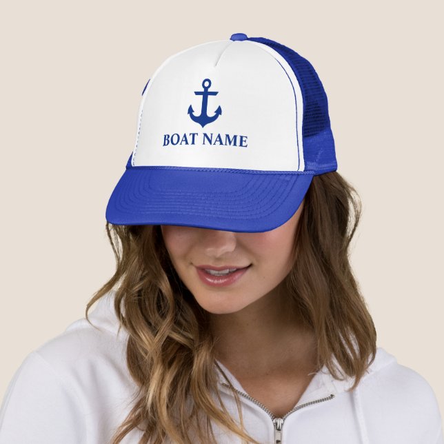 Nautical Boat Name Anchor Blue Trucker Hat (In Situ)
