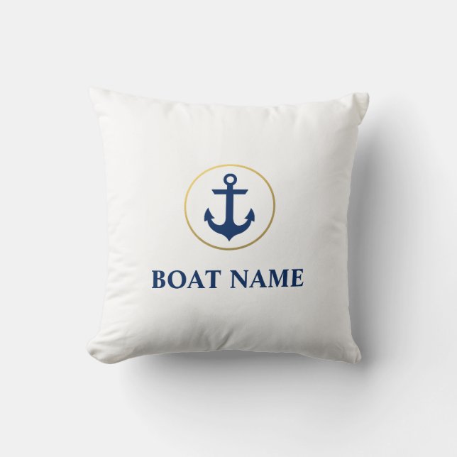 Nautical Boat Name Anchor Blue White Gold Cushion (Front)