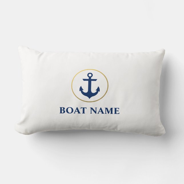 Nautical Boat Name Anchor Blue White Gold Lumbar Cushion (Front)