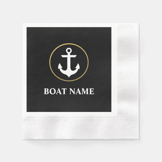 Nautical Boat Name Anchor Cocktail Black Gold Napkin (Front)