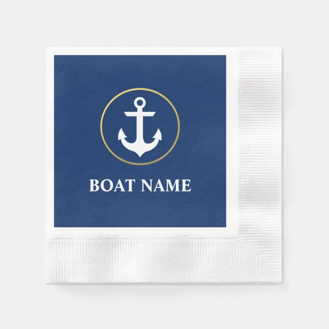 Nautical Boat Name Anchor Cocktail Blue Gold Napkin (Front)