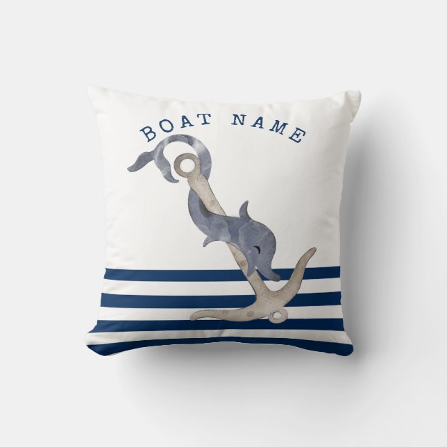 Nautical Boat Name,Anchor Dolphin Blue Striped  Cushion (Front)