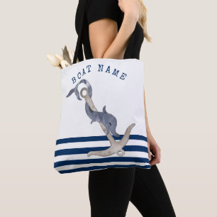 Nautical Boat Name,Anchor Dolphin Blue Striped  Tote Bag