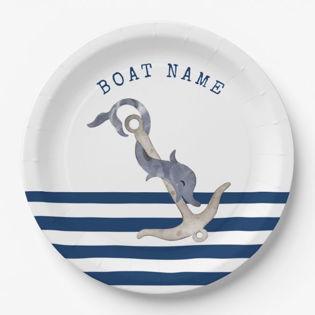 Nautical Boat Name,Anchor Dolphin Navy Blue  Paper Plate (Front)