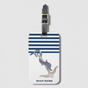 Nautical Boat Name,Anchor Dolphin Navy Blue Stripe Luggage Tag