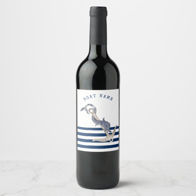 Nautical Boat Name,Anchor Dolphin Navy Blue   Wine Label (Front)