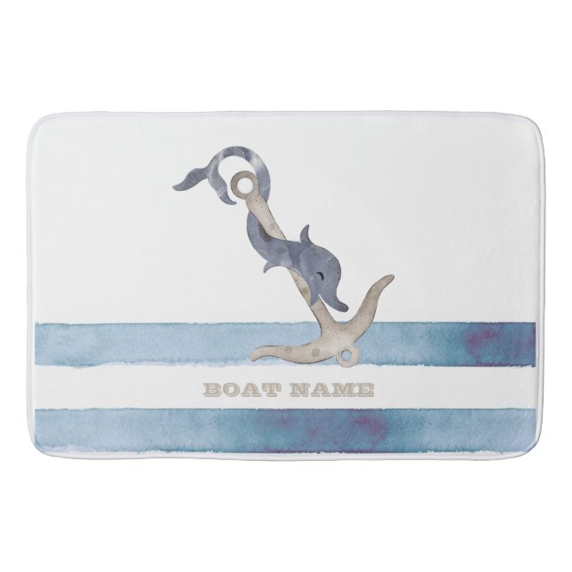 Nautical Boat Name,Anchor Dolphin Stripes  Bath Mat (Front)
