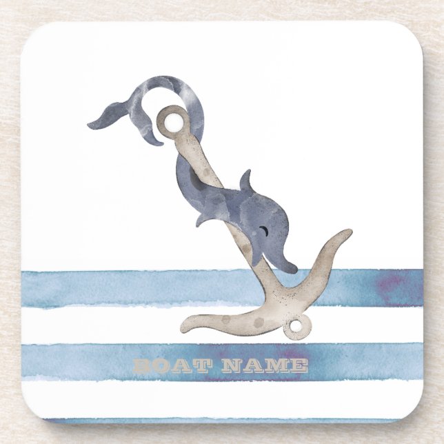 Nautical Boat Name,Anchor Dolphin Stripes Coaster (Front)
