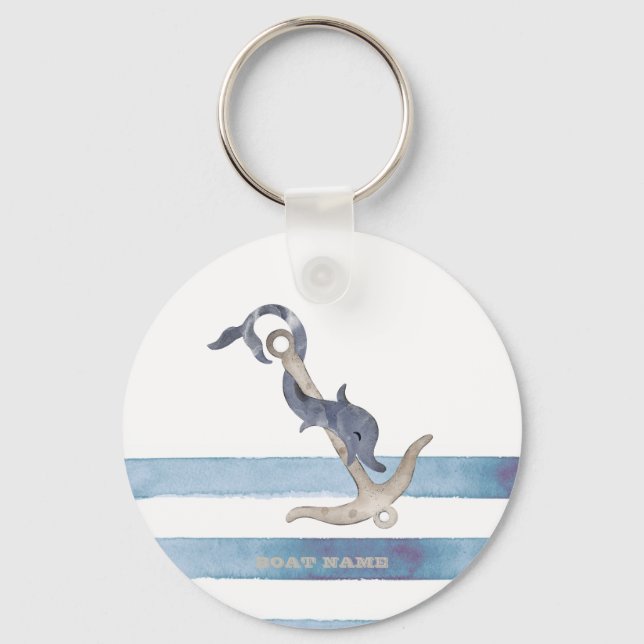 Nautical Boat Name,Anchor Dolphin Stripes  Key Ring (Front)