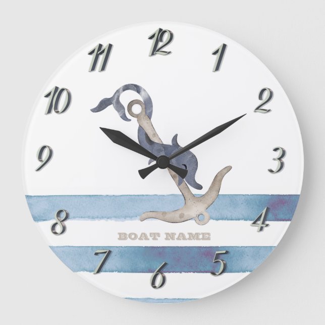 Nautical Boat Name,Anchor Dolphin Stripes  Large Clock (Front)