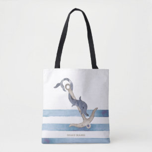Nautical Boat Name,Anchor Dolphin Stripes Tote Bag