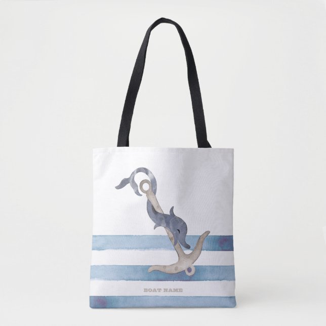 Nautical Boat Name,Anchor Dolphin Stripes Tote Bag (Front)