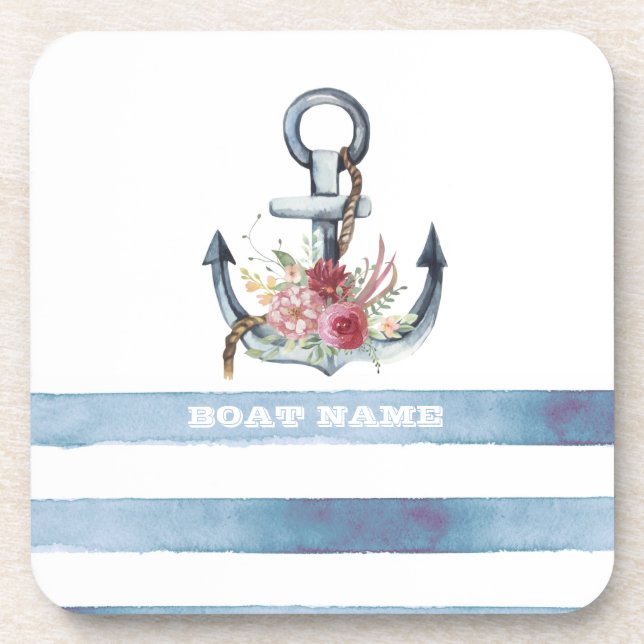 Nautical Boat Name,Anchor Flowers Stripes Coaster (Front)