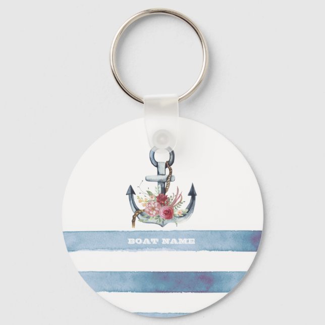 Nautical Boat Name,Anchor Flowers Stripes Key Ring (Front)