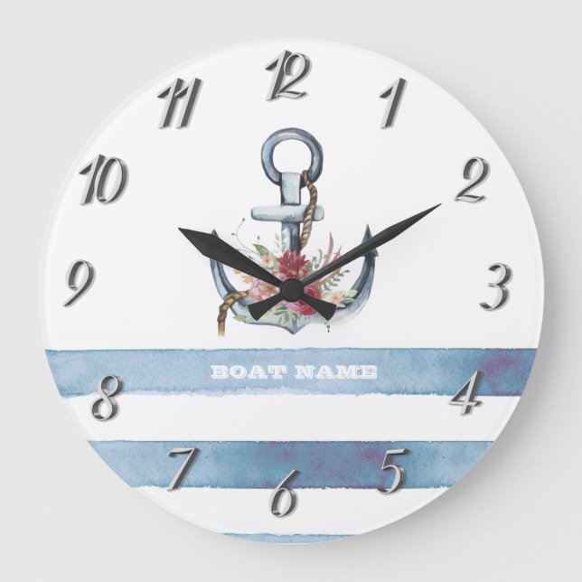 Nautical Boat Name,Anchor Flowers Stripes Large Clock (Front)
