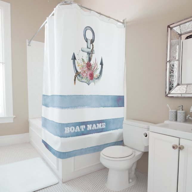 Nautical Boat Name,Anchor Flowers Stripes Shower Curtain (In Situ)