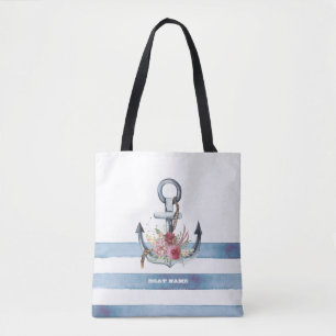 Nautical Boat Name,Anchor Flowers Stripes Tote Bag