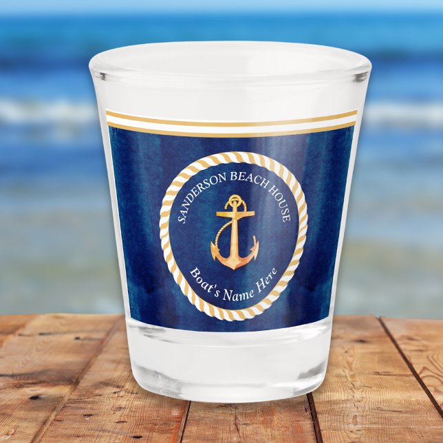 Nautical Boat Name Anchor Navy Blue and Yellow Shot Glass (Creator Uploaded)