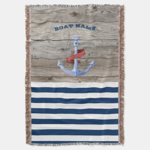 Nautical Boat Name,Anchor Navy Blue Str Throw Blanket