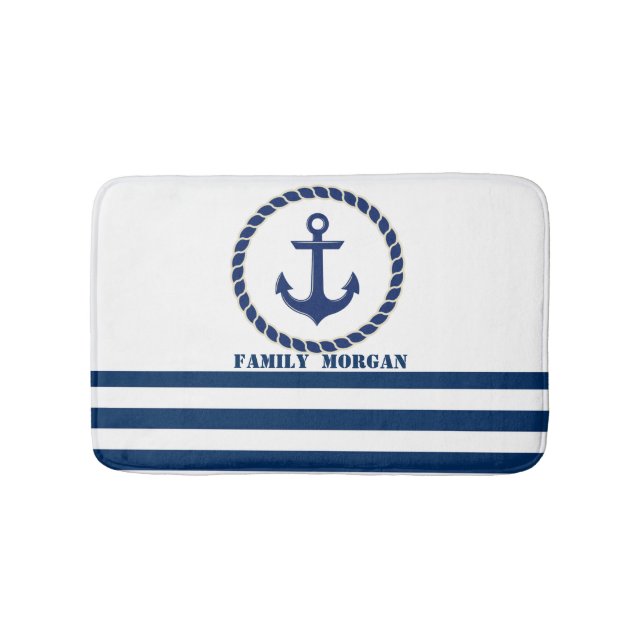 Nautical Boat Name,Anchor Navy Blue Striped Bath Mat (Front)