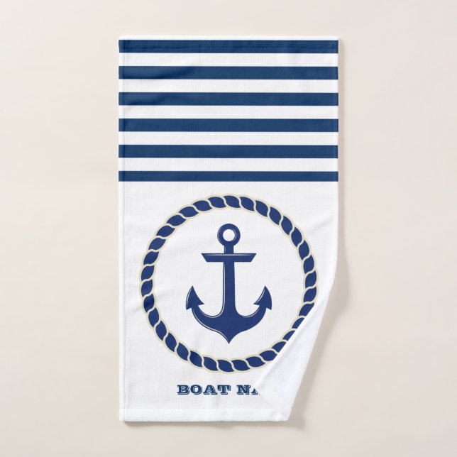 Nautical Boat Name,Anchor Navy Blue Striped Bath Towel Set (Hand Towel)