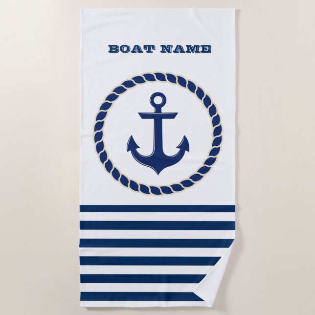 Nautical Boat Name,Anchor Navy Blue Striped Beach Towel (Front)