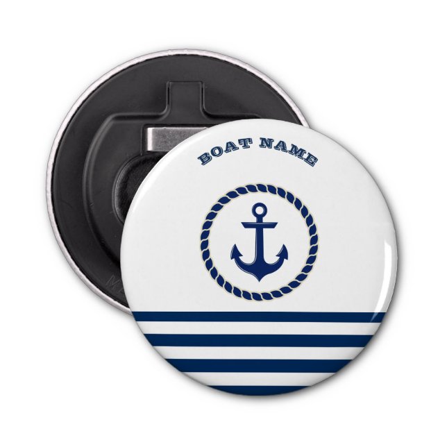 Nautical Boat Name,Anchor Navy Blue Striped  Bottle Opener (Front)