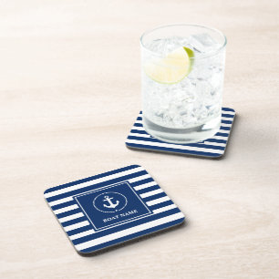 Nautical Boat Name Anchor Navy Blue Striped Coaster