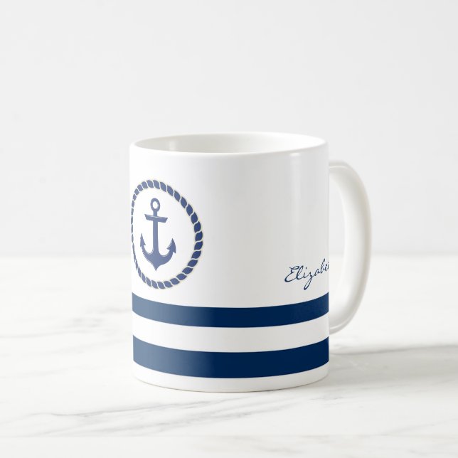 Nautical Boat Name,Anchor Navy Blue Striped Coffee Mug (Front Right)