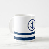 Nautical Boat Name,Anchor Navy Blue Striped Coffee Mug (Front Left)