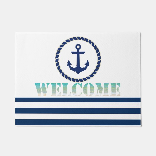 Nautical Boat Name,Anchor Navy Blue Striped Doormat (Front)