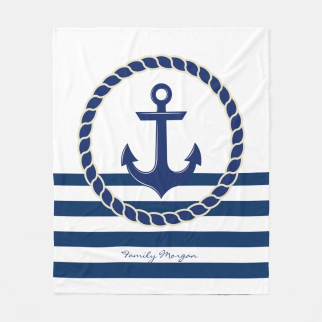 Nautical Boat Name,Anchor Navy Blue Striped   Fleece Blanket (Front)