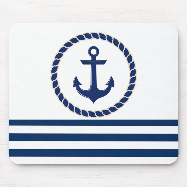 Nautical Boat Name,Anchor Navy Blue Striped Mouse Mat (Front)
