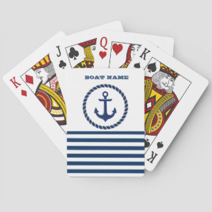 Nautical Boat Name,Anchor Navy Blue Striped Playing Cards