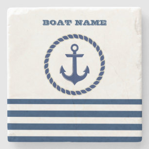 Nautical Boat Name,Anchor Navy Blue Striped Stone Coaster