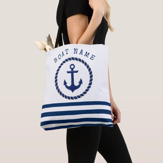 Nautical Boat Name,Anchor Navy Blue Striped Tote Bag (Close Up)