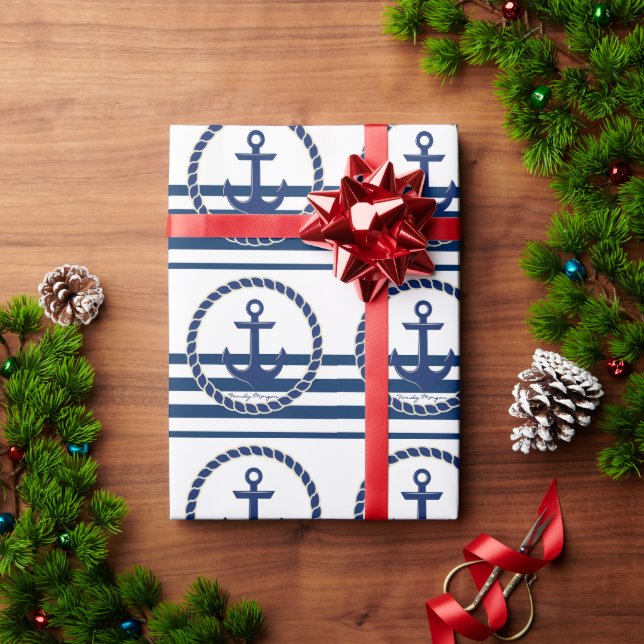 Nautical Boat Name,Anchor Navy Blue Striped  Wrapping Paper (Holiday Gift)