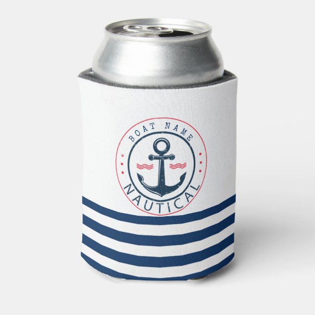 Nautical, Boat Name,Anchor Navy Blue Stripes Can Cooler (Can Back)