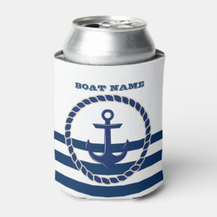 Nautical Boat Name, Anchor Navy Blue Stripes Can Cooler