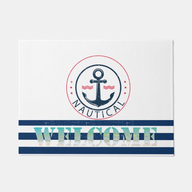 Nautical, Boat Name,Anchor Navy Blue Stripes Doormat (Front)