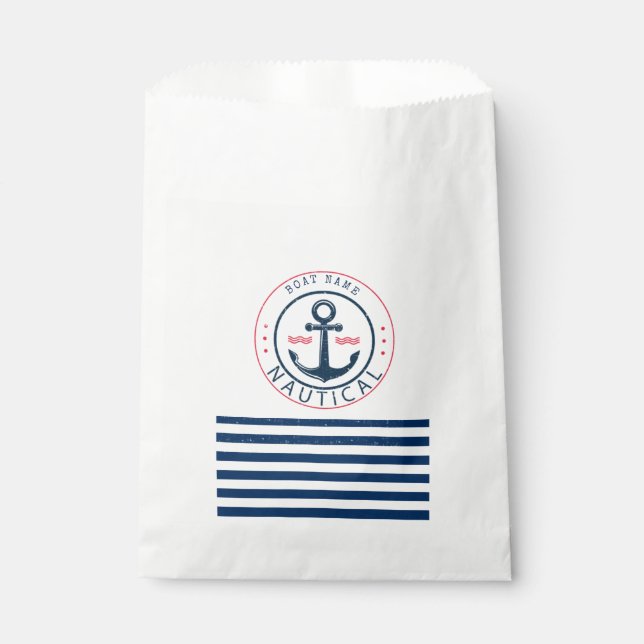 Nautical, Boat Name,Anchor Navy Blue Stripes Favour Bags (Front)