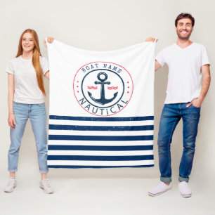Nautical, Boat Name,Anchor Navy Blue Stripes Fleece Blanket