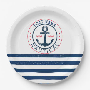 Nautical, Boat Name,Anchor Navy Blue Stripes Paper Plate