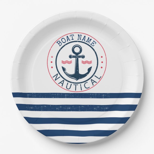 Nautical, Boat Name,Anchor Navy Blue Stripes Paper Plate (Front)