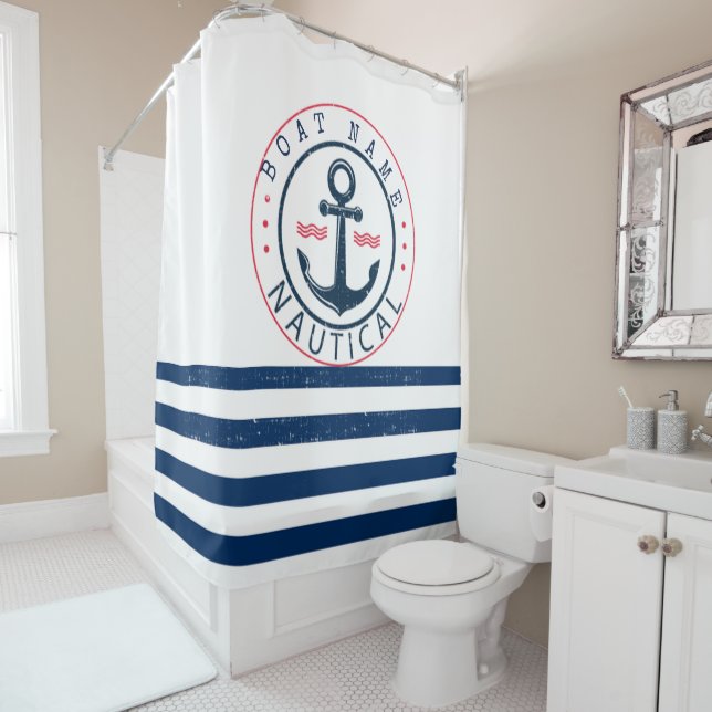 Nautical, Boat Name,Anchor Navy Blue Stripes Shower Curtain (In Situ)