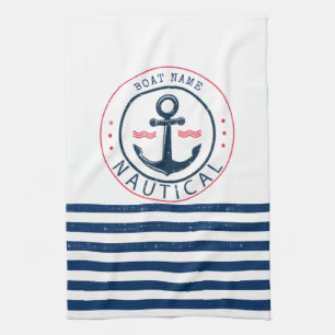 Nautical, Boat Name,Anchor Navy Blue Stripes Tea Towel