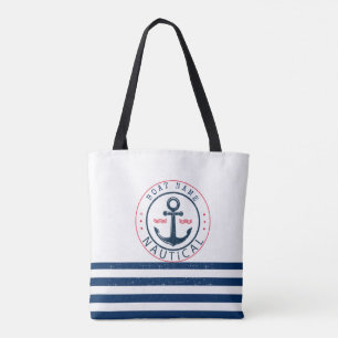 Nautical, Boat Name,Anchor Navy Blue Stripes Tote Bag