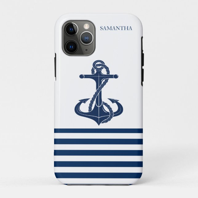 Nautical Boat Name,Anchor Navy Blue White Striped Case-Mate iPhone Case (Back)