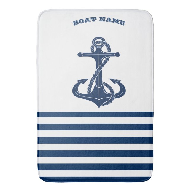 Nautical Boat Name,Anchor  Navy Blue White Stripes Bath Mat (Front Vertical)