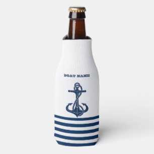 Nautical Boat Name,Anchor  Navy Blue White Stripes Bottle Cooler